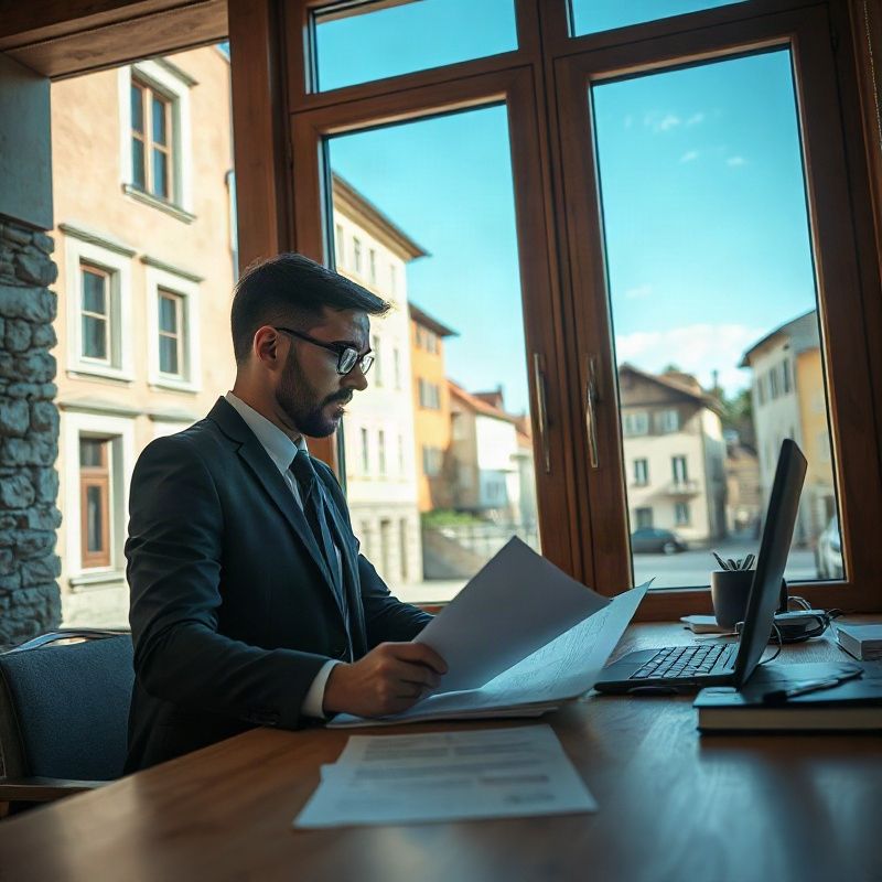 Property professional reviewing valuation documents at a timber desk with a Velenje street beyond