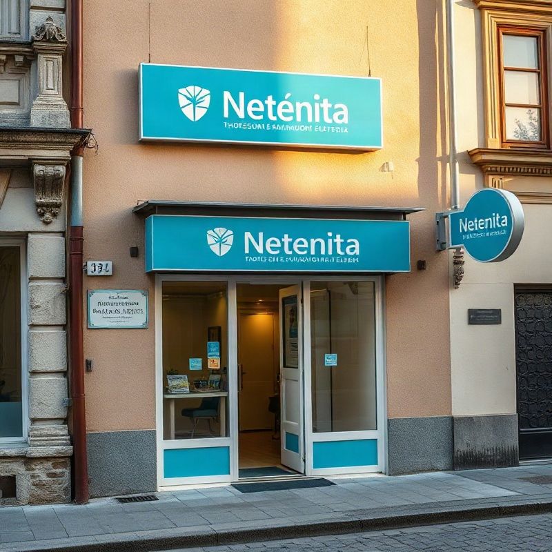 Street-level view of a professional office frontage on a Slovenian city street with warm midday light