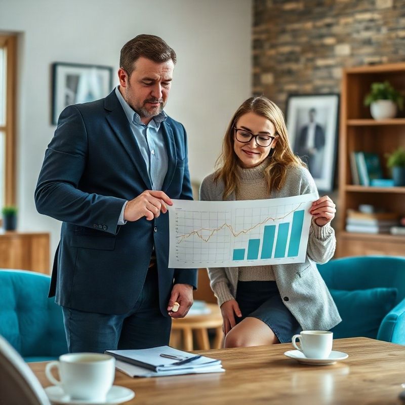 Two people in a calm office setting reviewing a property market chart together