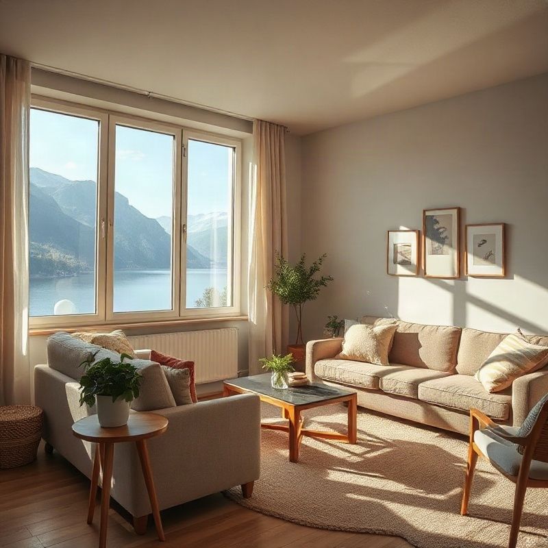 Bright furnished apartment interior near Velenje Lake with natural mountain light