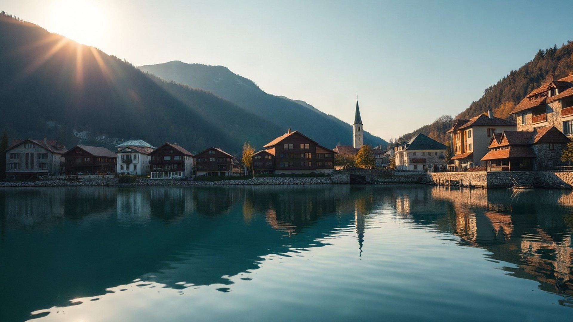 Velenje Lake at golden hour, with timber and stone residential buildings reflected in calm water