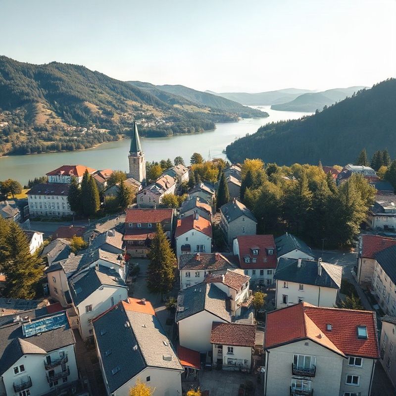 Aerial view of Velenje with the lake visible, surrounded by pine-covered hills